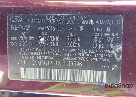 2008 Hyundai Santa Fe Gls из США, поврежденный, VIN 5NMSG13D88H189596